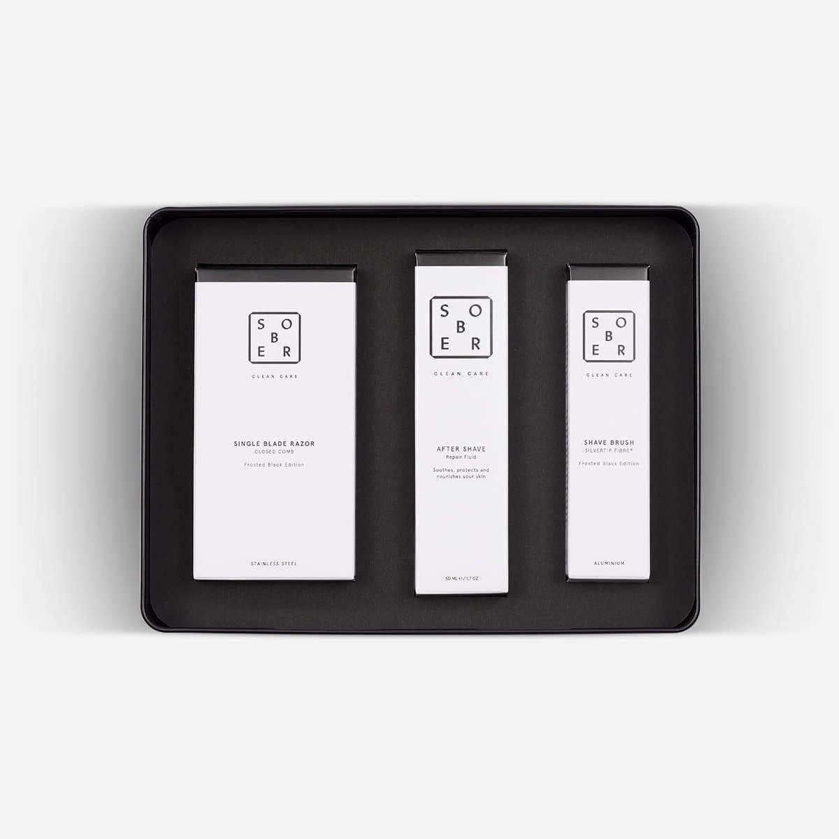 Sober scheerproducten set met single blade razor, after shave en scheerkwast in zwart geschenkdoos