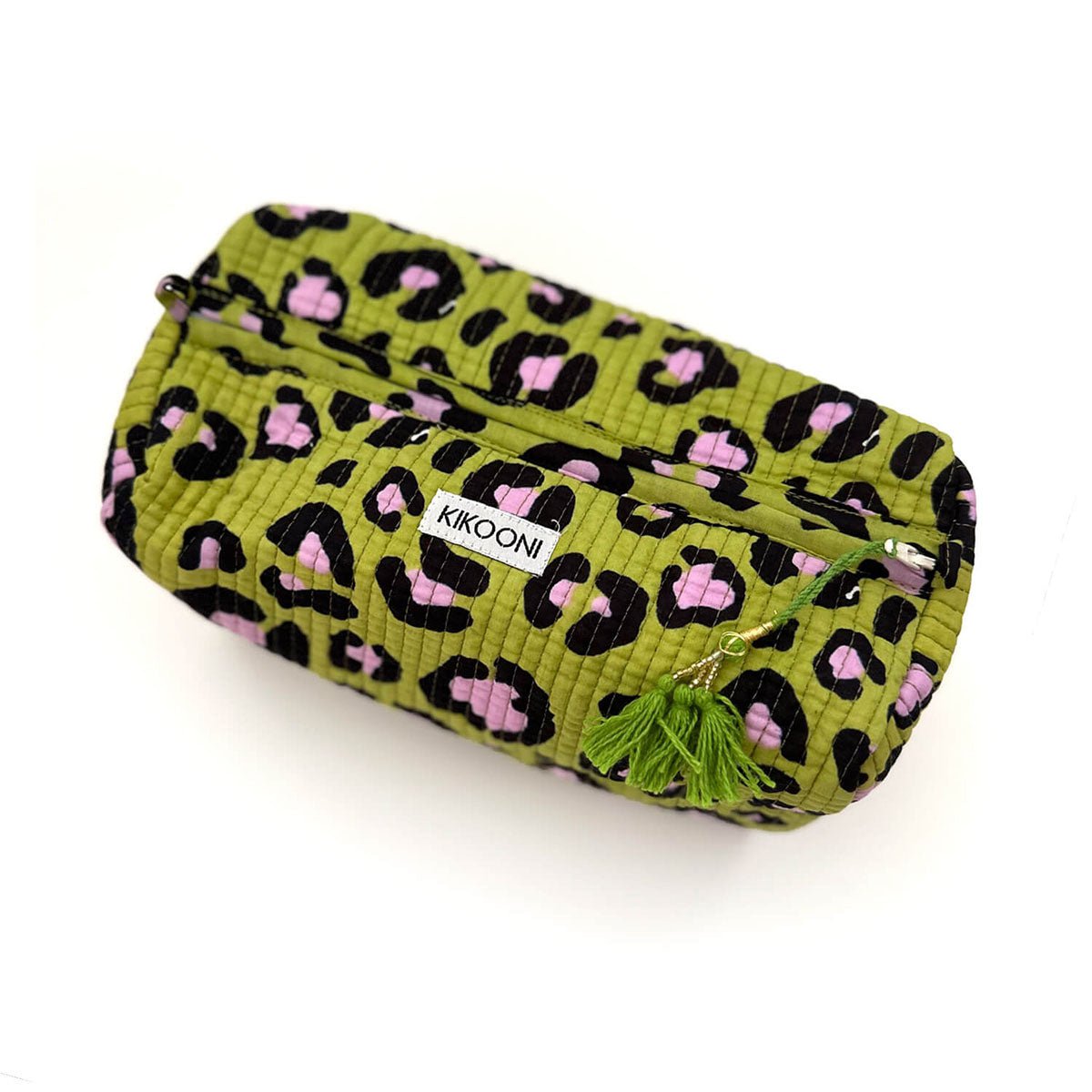 KIKOONI etui met groene en roze luipaardprint, groene kwastjes aan ritssluiting