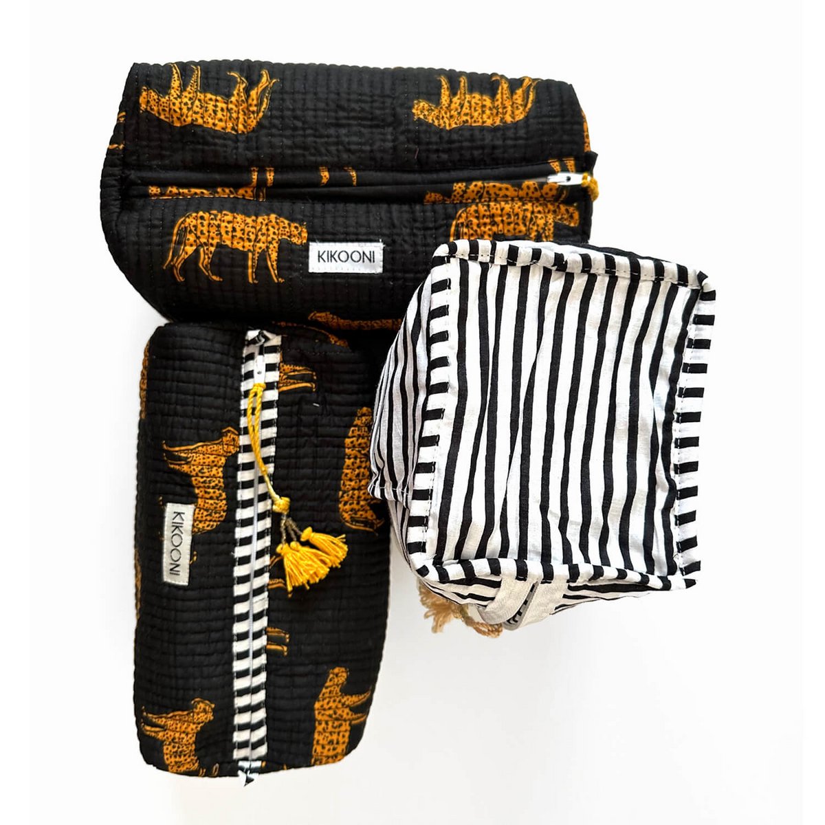 Set zwarte en witte katoenen tassen met tijgerprint en strepen, merk Kikooni