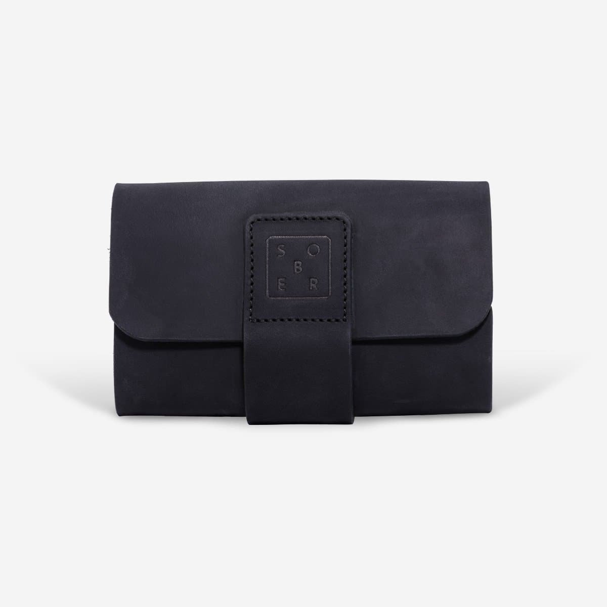 Zwarte leren clutch portemonnee met merklogo SOPER op voorkant