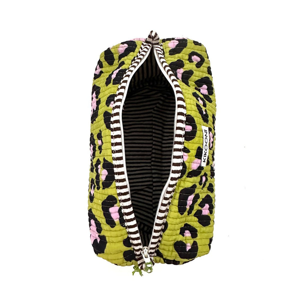 Gele toilettas met roze en zwarte luipaardprint en gestreepte binnenkant met ritssluiting