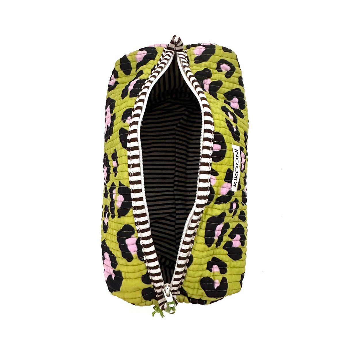 Gele toilettas met roze en zwarte luipaardprint en gestreepte binnenkant met ritssluiting