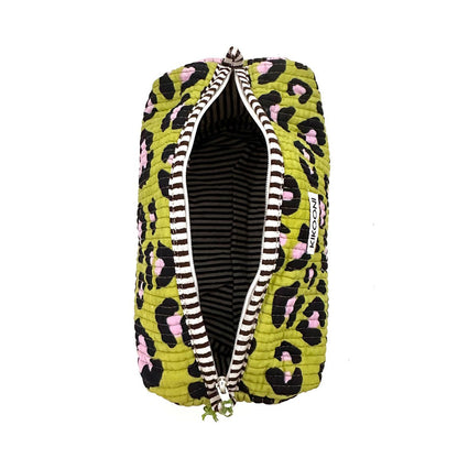 Gele toilettas met roze en zwarte luipaardprint en gestreepte binnenkant met ritssluiting