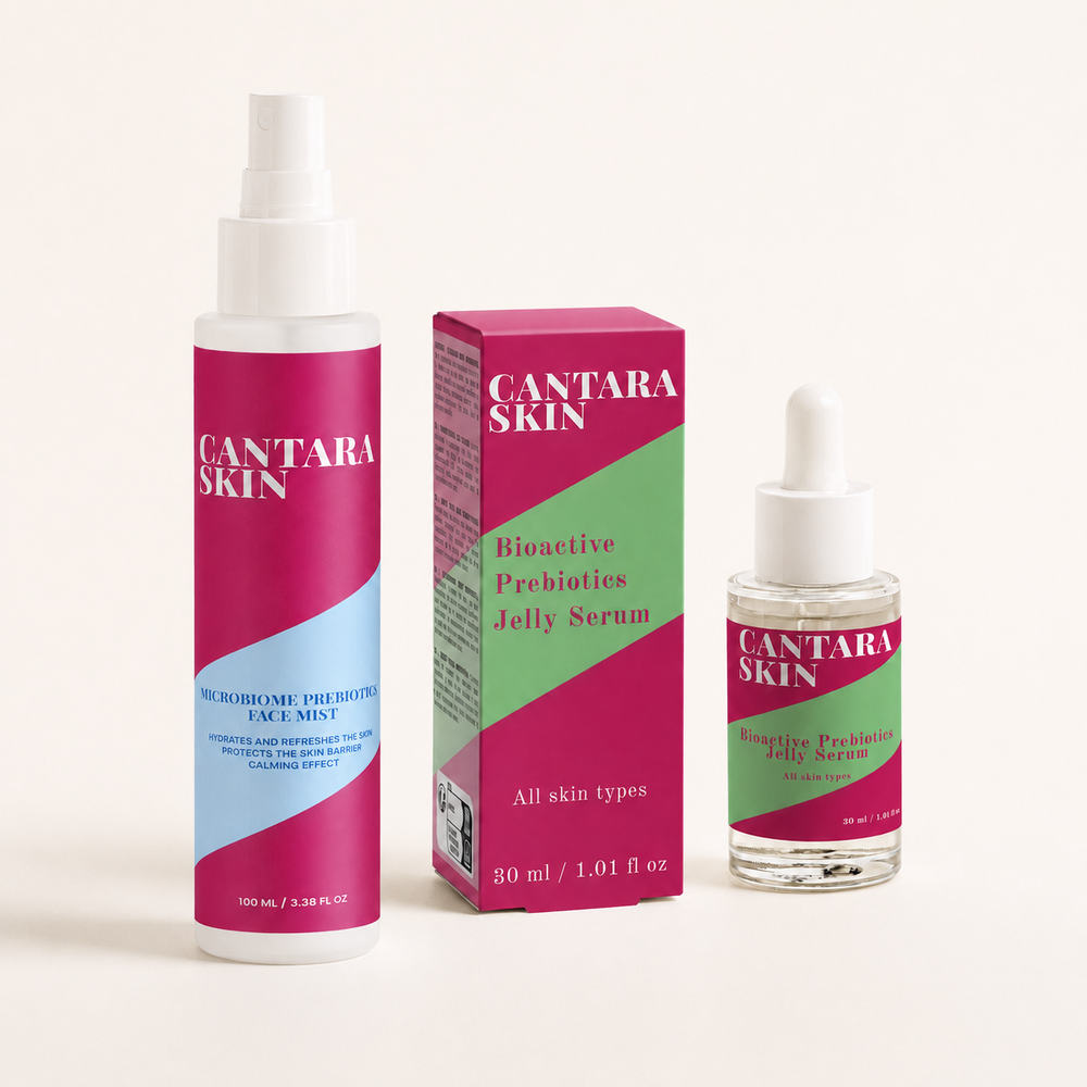 Skin Balance Duo met CANTARA SKIN Face Mist en Bioactive Prebiotics Jelly Serum op een witte achtergrond
