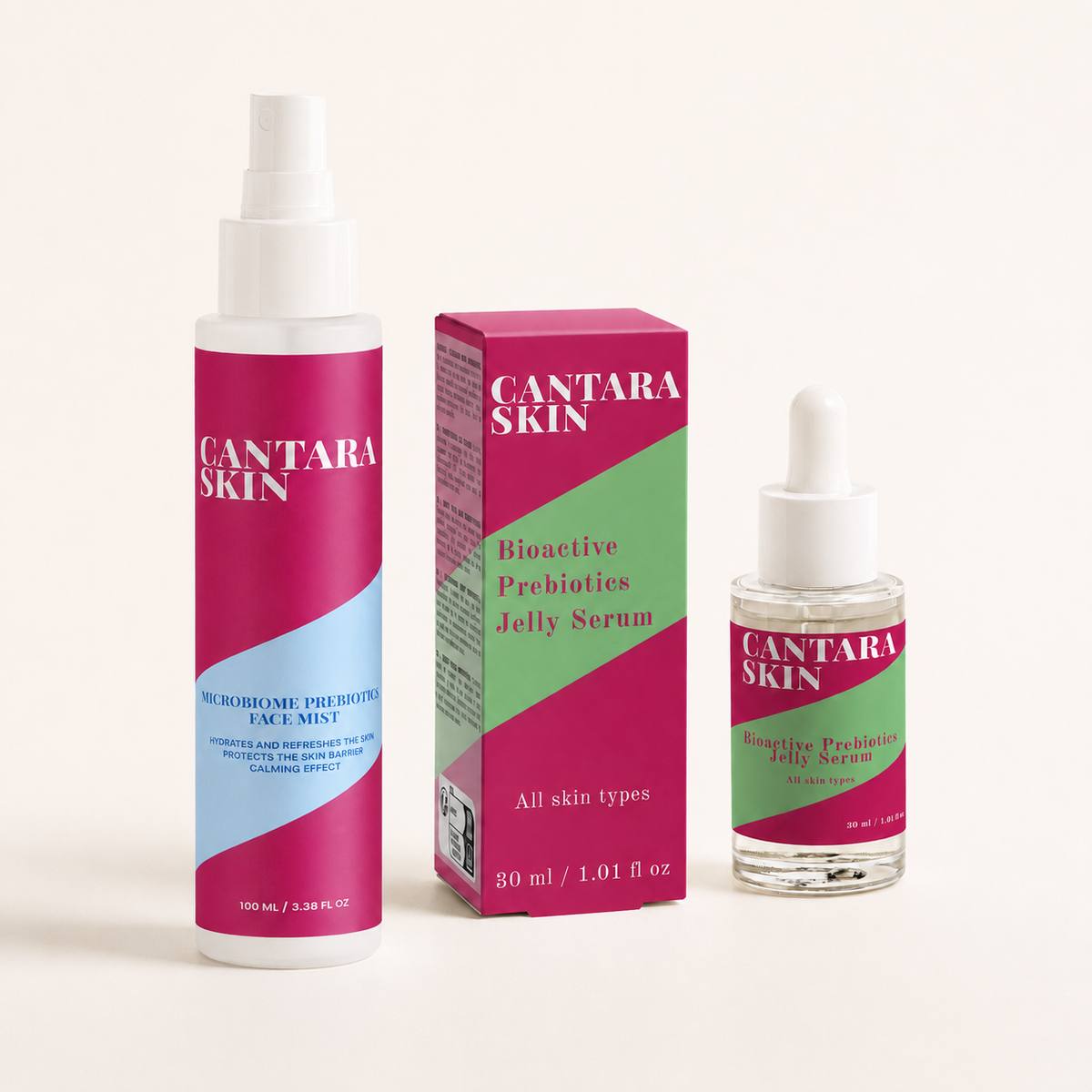Skin Balance Duo met CANTARA SKIN Face Mist en Bioactive Prebiotics Jelly Serum op een witte achtergrond